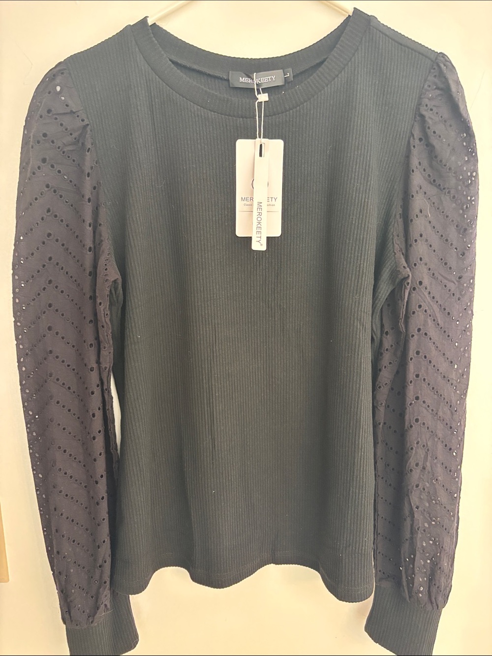 Mendocino Black Ribbed Long-Sleeve Top with Eyelet Puff Sleeves